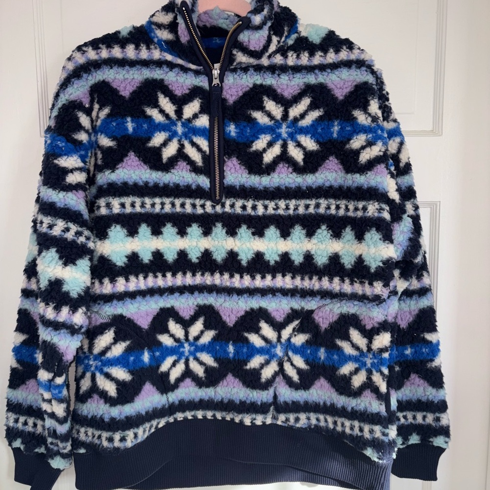 Aerie Men's Blue and Purple Patterned Zip-Up Sweater